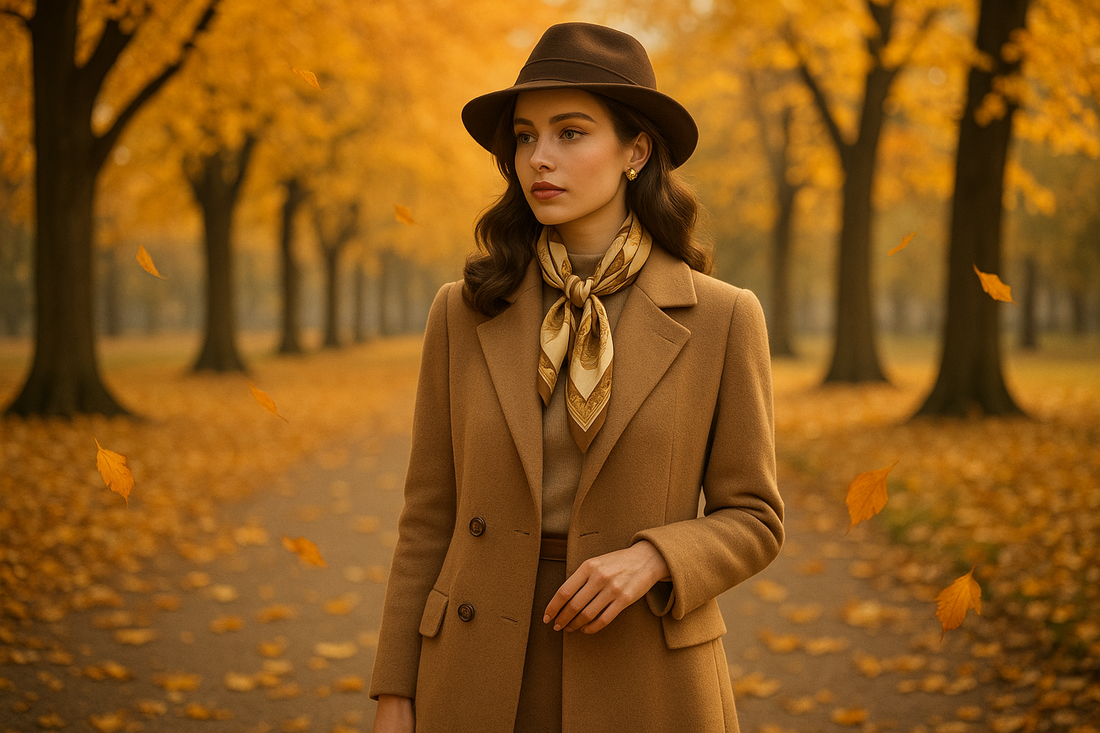 Uma mulher bonita no parque utilizando roupas no estilo old money em um outono, com arvores tendo folhas amarelas e laranjas